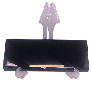 Aldo Patent Leather Gold Tone Chain Link Retro Crossbody Clutch Black Handbag